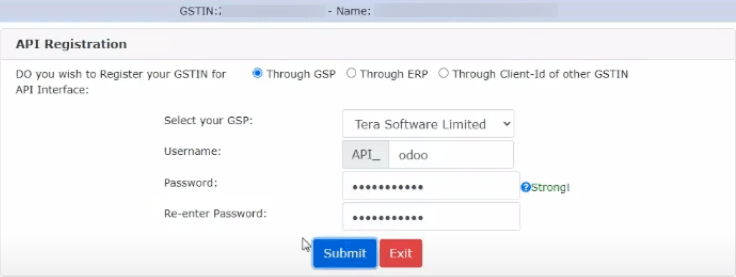 GSP for the API interface, set Tera Software Limited as GSP, and type in 